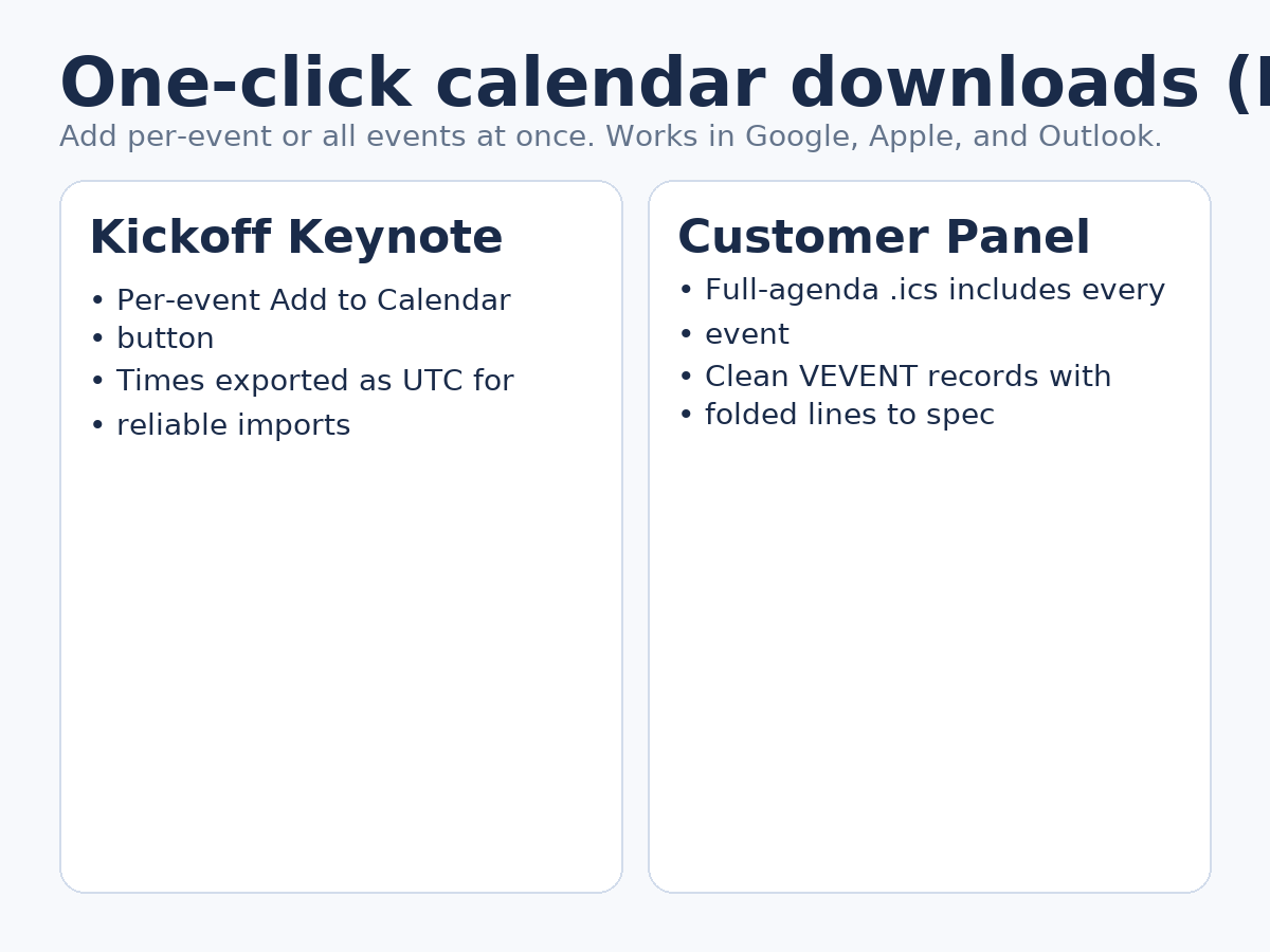 One-click calendar downloads (ICS)