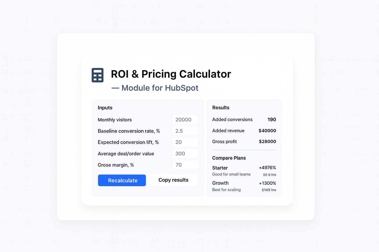 Front-end preview: inputs, results, and plan ROI — ROI & Pricing Calculator (Module for HubSpot)